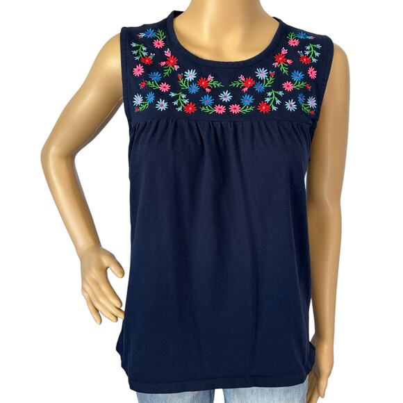 2/$30 J. Crew Embroidered Yoke Cotton Tank Top Navy Blue Floral Size S - Picture 4 of 13